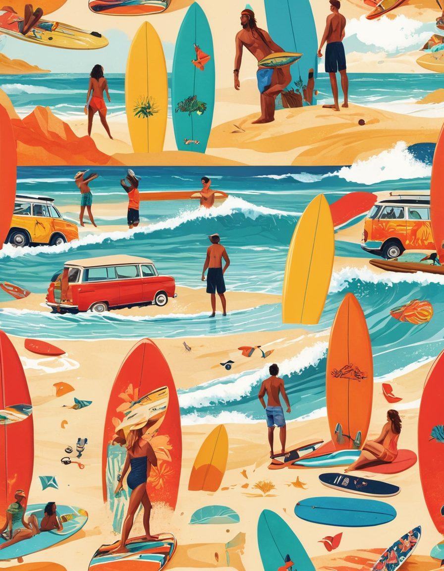 A vibrant collage showcasing the JohnnyO lifestyle, featuring stylish apparel, surfers catching waves, and a cozy beach bonfire scene. Highlight community interactions with friends laughing and sharing moments, set against a sunny beach backdrop. Include elements of surfboards, skateboard accessories, and trendy hats. Capture the essence of a laid-back, adventurous lifestyle. colorful vector art. bright and cheerful.