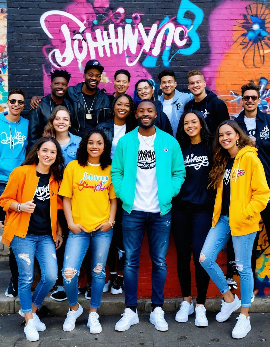 A diverse group of enthusiastic fans wearing stylish clothing celebrating the JohnnyO brand in an urban setting, surrounded by trendy items and graffiti art, highlighting community and connection. The background features colorful street art and a lively atmosphere with people engaging and having fun. super-realistic. vibrant colors. urban style.