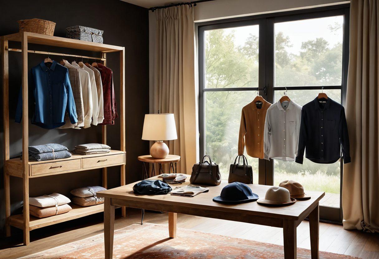 A stylish display featuring a range of JohnnyO apparel and accessories, including sleek shirts, trendy caps, and elegant bags, all showcased on a wooden table. Sunlight filtering through a nearby window gently illuminates the collection, highlighting the fabric textures and colors. In the background, a soft abstract pattern complements the fashion theme without overpowering it. The scene aims to convey a sense of laid-back sophistication and lifestyle. super-realistic. vibrant colors. cozy atmosphere.